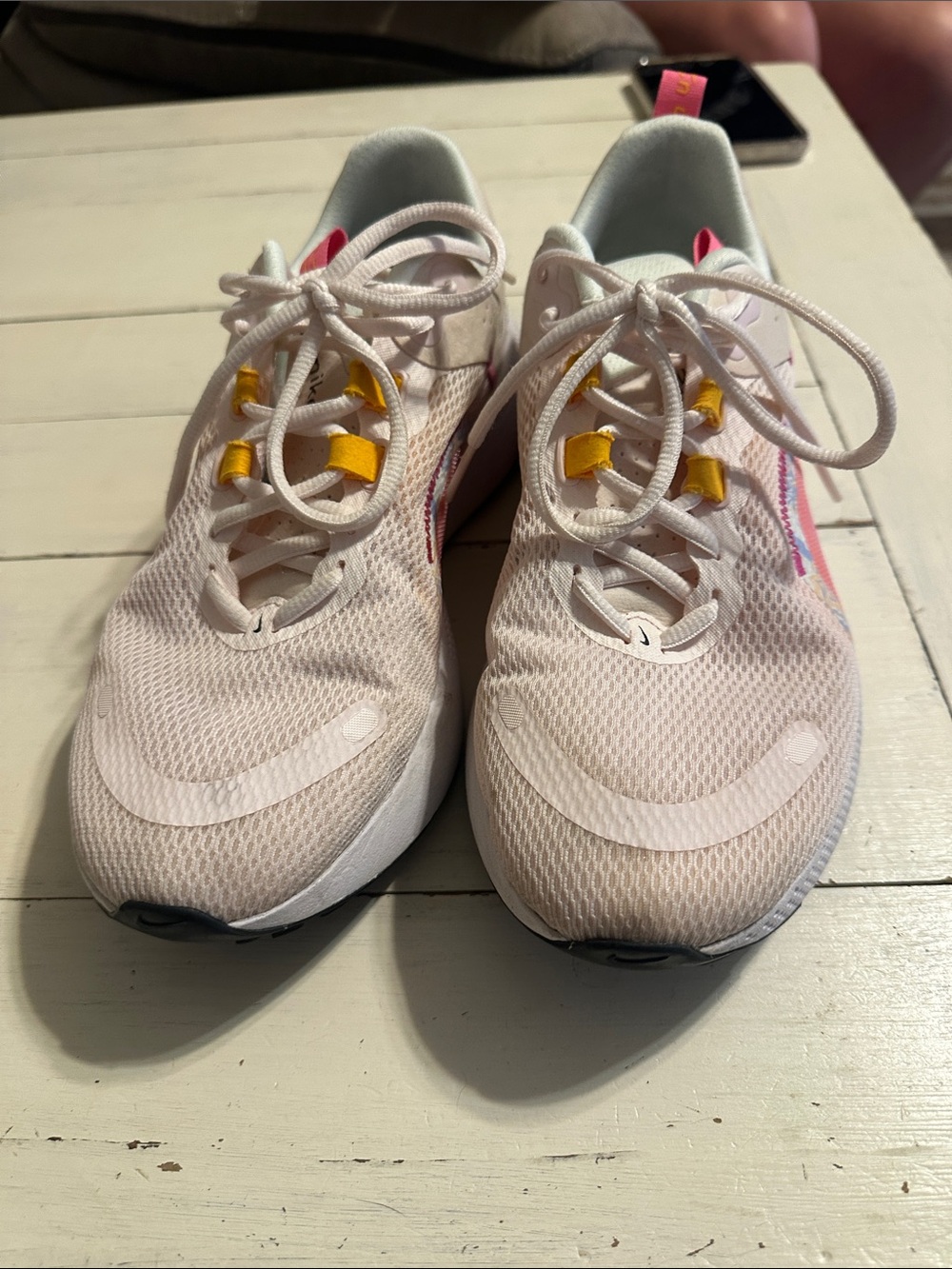 Nike Women's Light Pink Mesh Running Sneakers with Yellow Lace Loops